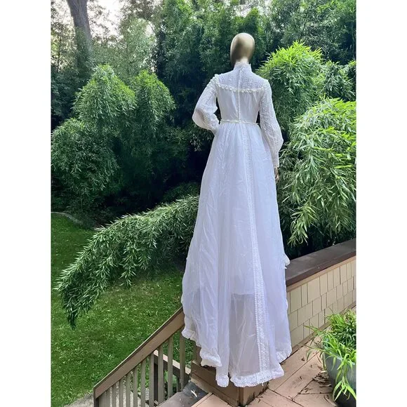 Vintage 70s Wedding Dress, Prairie-style, lace, with train, size s - Picture 7 of 12